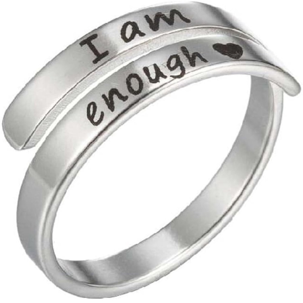 I Am Enough Silver Stainless Steel Inspirational Adjustable Wrap Ring